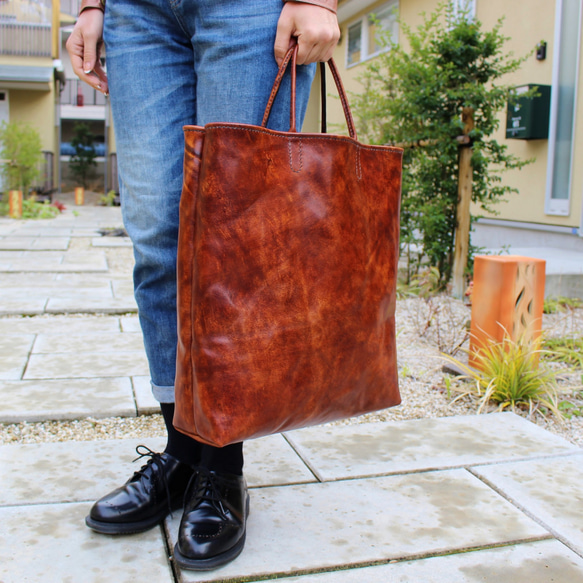 hand stitch + antique brown leather tote bag 5枚目の画像