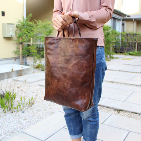 hand stitch + antique dark brown leather tote bag 3枚目の画像