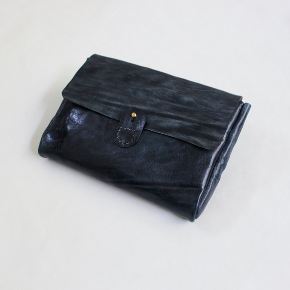 hand stitch + antique navy leather clutch bag 1枚目の画像