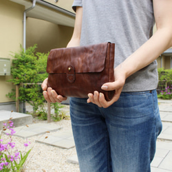 hand stitch + antique dark brown leather clutch bag 2 3枚目の画像