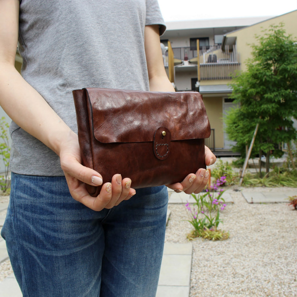 hand stitch + antique dark brown leather clutch bag 2 4枚目の画像