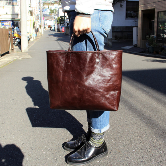 hand stitch + dark brown soft leather tote bag 5枚目の画像