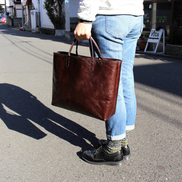 hand stitch + dark brown soft leather tote bag 6枚目の画像