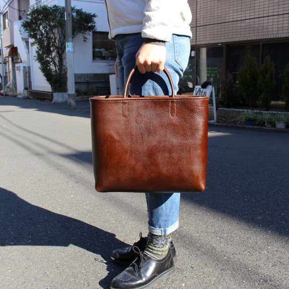 hand stitch + dark brown leather tote bag 6枚目の画像