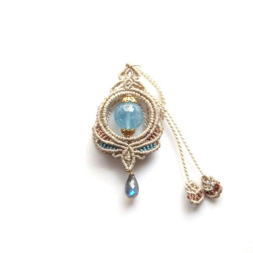 アクアマリン&ラブラドライト*蓮華宝珠マクラメペンダント 工場 アクア