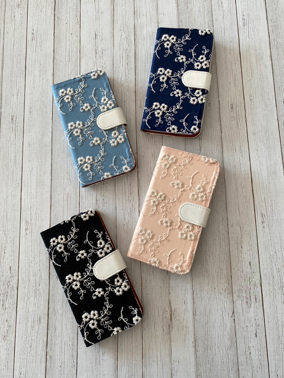 新色追加♡手帳型　アンティーク小花刺繍レース iPhoneケース 1枚目の画像