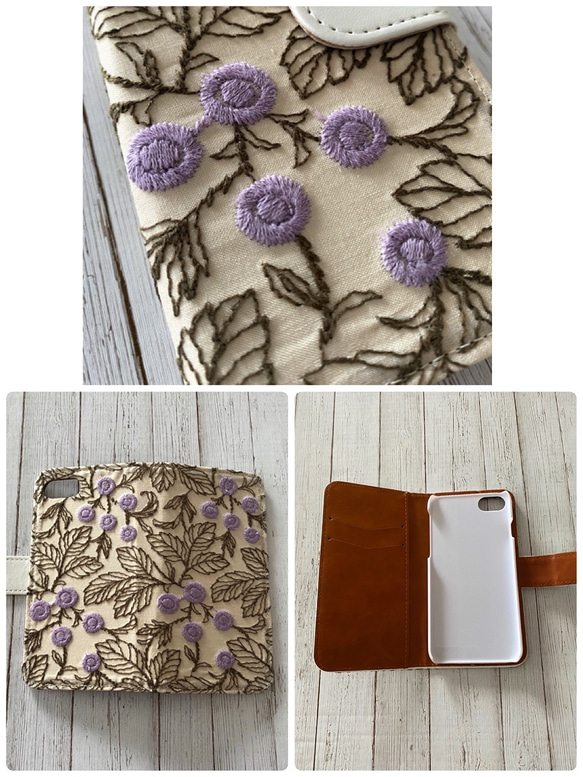 パープル入荷♡手帳型 刺繍のまあるいフラワー  iPhoneケース 6枚目の画像