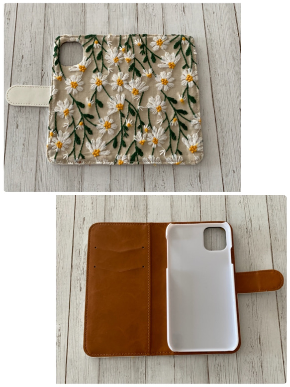 手帳型　刺繍の風にそよぐフラワー iPhoneケース 4枚目の画像