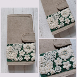 手帳型　コーディロイのチュール刺繍リボン iPhoneケース 4枚目の画像