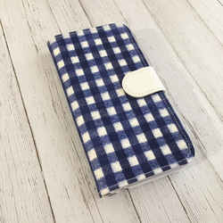 筆記本類型拉絲方格布紋藍色iPhone護套 第3張的照片