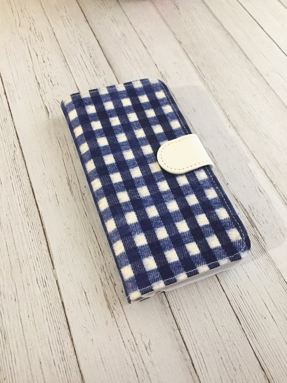手帳型起毛ギンガムチェック　ブルー　iPhoneケース 3枚目の画像