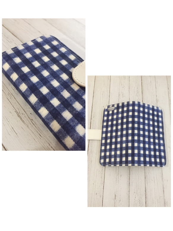 筆記本類型拉絲方格布紋藍色iPhone護套 第5張的照片