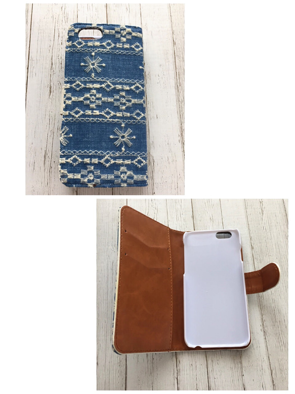 手帳型 インディゴ刺繍レース iPhoneケース 5枚目の画像