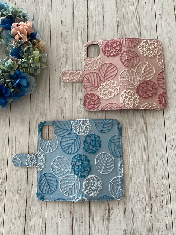 手帳型 刺繍のまあるい紫陽花 iPhoneケース 4枚目の画像