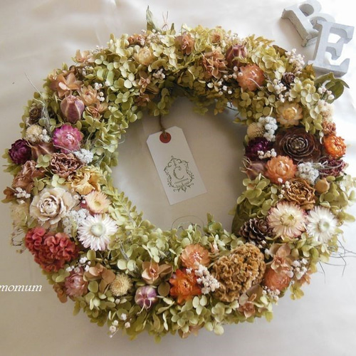 アナベルと小花の秋色リース 35×36cm リース cinnamomum 通販 2837719  