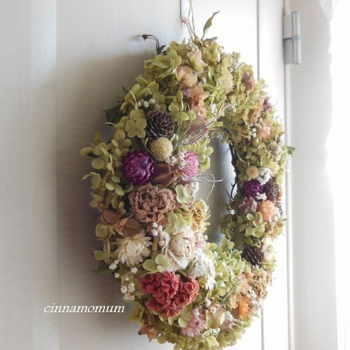 アナベルと小花の秋色リース 35×36cm リース cinnamomum 通販 2837719  
