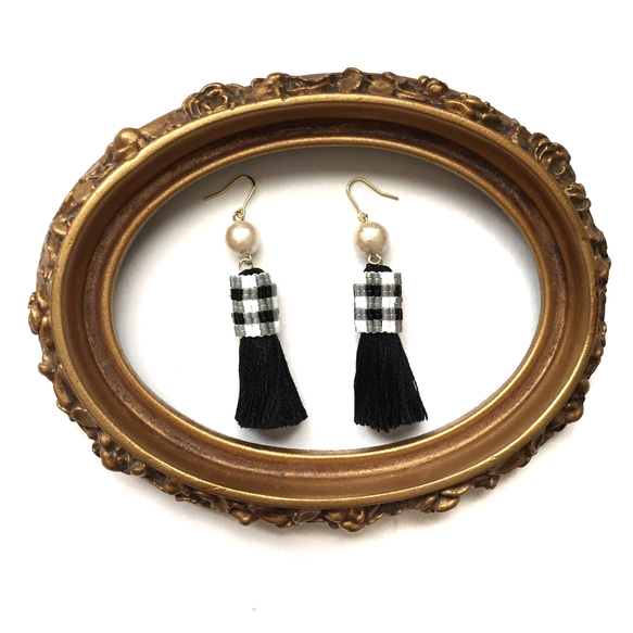 new♡gingham check × tassel earrings 5枚目の画像