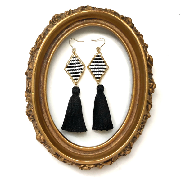 再販6♡ ◇tassel × border earrings◇(black) 3枚目の画像