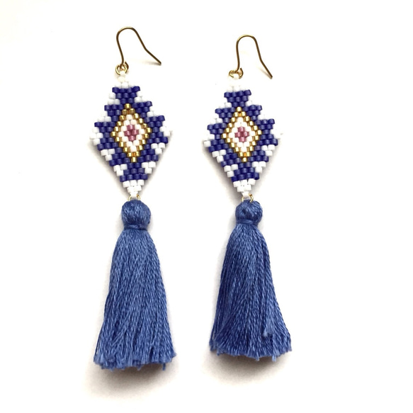 【再販】tassel ×native earrings(blue) 2枚目の画像