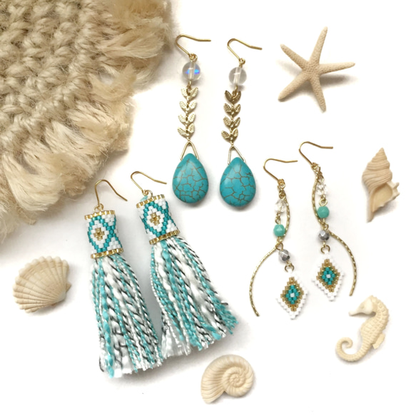 再販3♡【creema限定ハッピーバッグ】 turquoise earrings 3点set 1枚目の画像