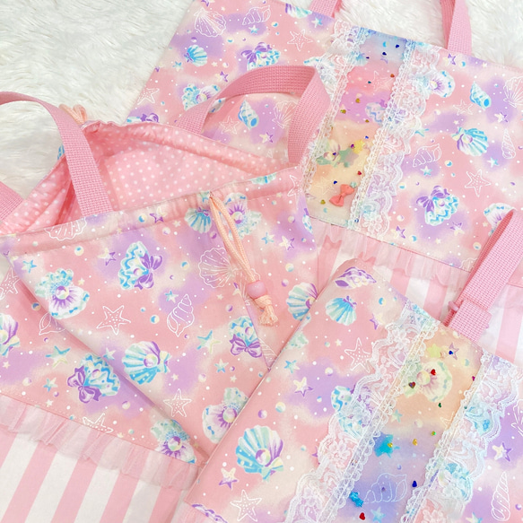 ビーズが動く♡ジュエル マーメイド♡フリル レッスンバッグ 3点 セット☆入園グッズ・入学グッズ 女の子 貝殻 6枚目の画像