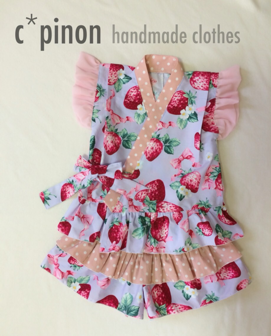 値下げ中】いちご柄のフリル甚平ドレス☆パープル 子供服 c