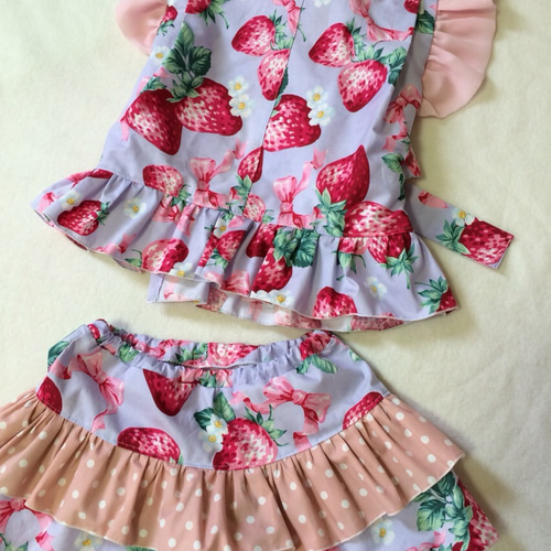 値下げ中】いちご柄のフリル甚平ドレス☆パープル 子供服 c