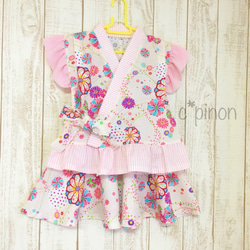 ふりふり 甚平ドレス*カラフルお花の和柄 サーキュラースカート ピンク