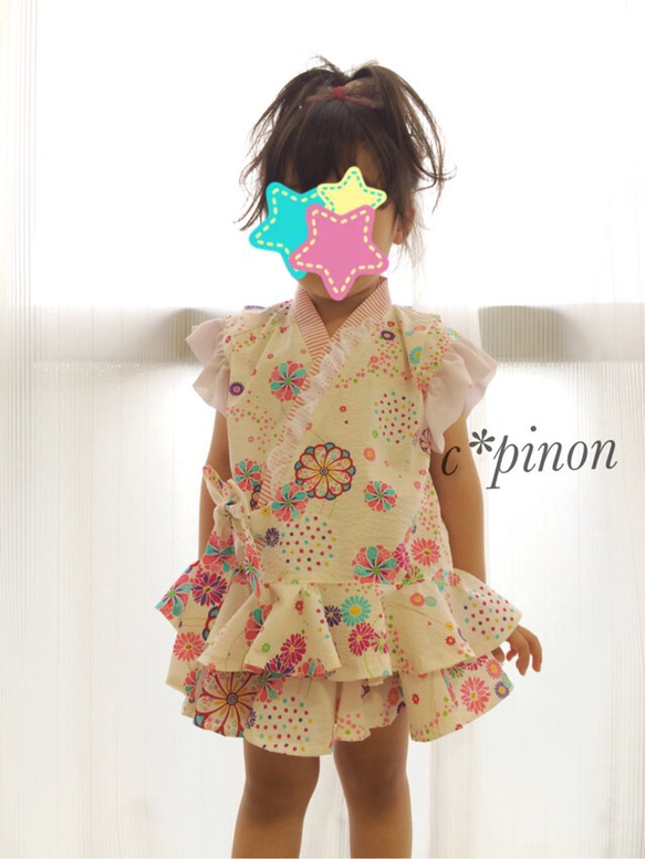 ふりふり 甚平ドレス*カラフルお花の和柄  サーキュラースカート ピンク 女の子　甚平 4枚目の画像
