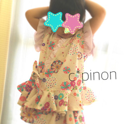 ふりふり 甚平ドレス*カラフルお花の和柄  サーキュラースカート ピンク 女の子　甚平 5枚目の画像