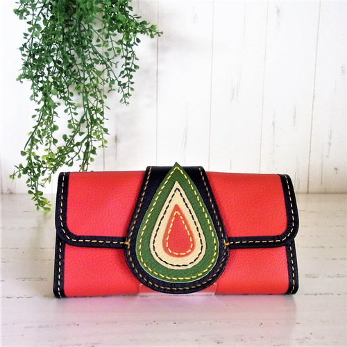 しずくのロングウォレット＜レッド×ネイビーA＞長財布・一点もの・春  