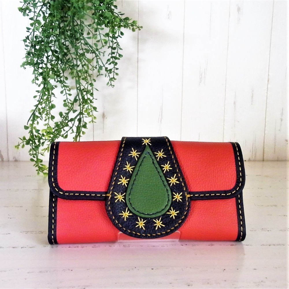 しずくのロングウォレット＜レッド×ネイビーD＞長財布・一点もの・春財布・新調・上質