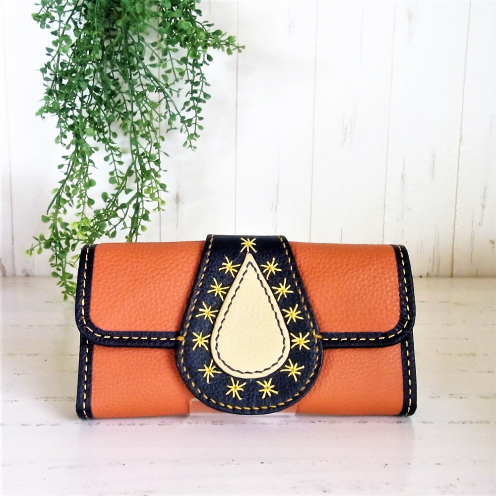 しずくのロングウォレット＜オレンジ×ネイビーC＞長財布・一点もの・春財布・新調・上質