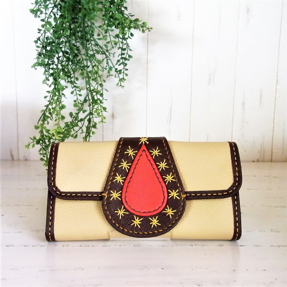 しずくのロングウォレット＜クリーム×ブラウンB＞長財布・一点もの・春財布・新調・上質