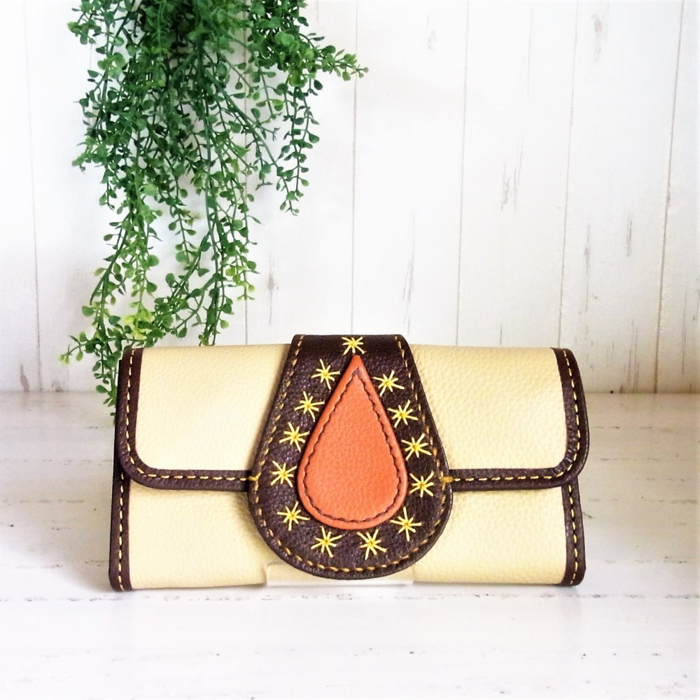 しずくのロングウォレット＜クリーム×ブラウンC＞長財布・一点もの・春財布・新調・上質