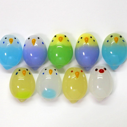 ぷっくりインコのガラス玉 イエロー×バイオレット とんぼ玉