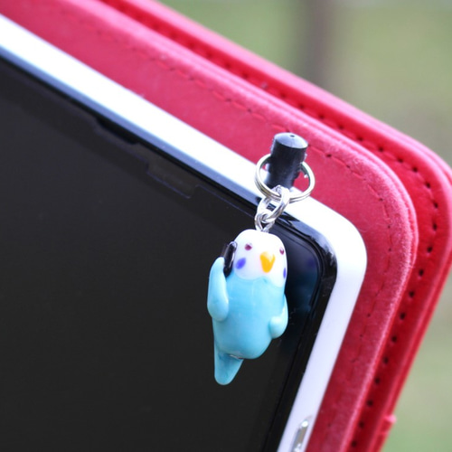 受注制作】もしもしインコのイヤホンジャック 白×ブルー系 ガラス