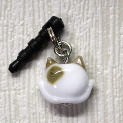 ガオー猫のイヤホンジャック　白×キジトラ　ガラス 2枚目の画像