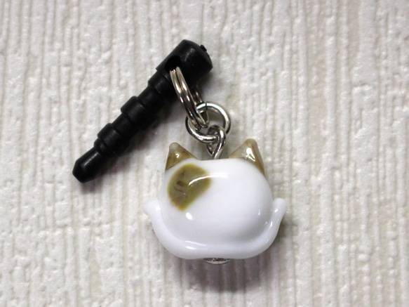 ガオー猫のイヤホンジャック　白×キジトラ　ガラス 2枚目の画像