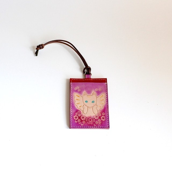 C  定期入れ　天使猫　ネコ　猫柄　スイカ　イコカ　パスケース  　革製品　皮のパスケース　　 6枚目の画像