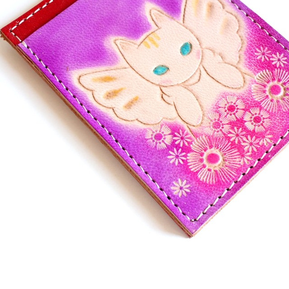 C  定期入れ　天使猫　ネコ　猫柄　スイカ　イコカ　パスケース  　革製品　皮のパスケース　　 2枚目の画像