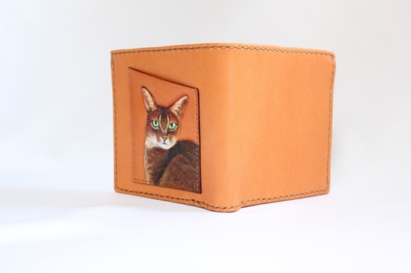 送料無料　ペットの似顔絵を描いて彫り二つ折りＢox財布に仕立てます　革の財布 2枚目の画像