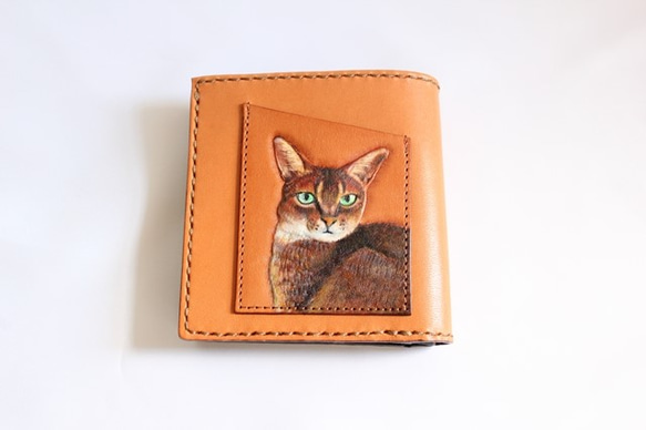 送料無料　ペットの似顔絵を描いて彫り二つ折りＢox財布に仕立てます　革の財布 8枚目の画像