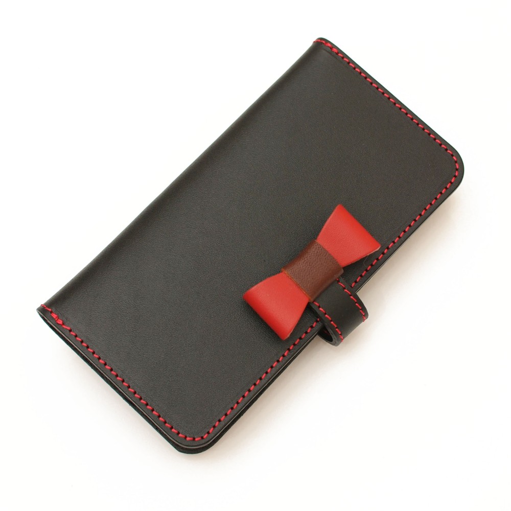 ほぼ全機種製作 リボンスマホケース【姫路レザーブラック牛革】RB-01black