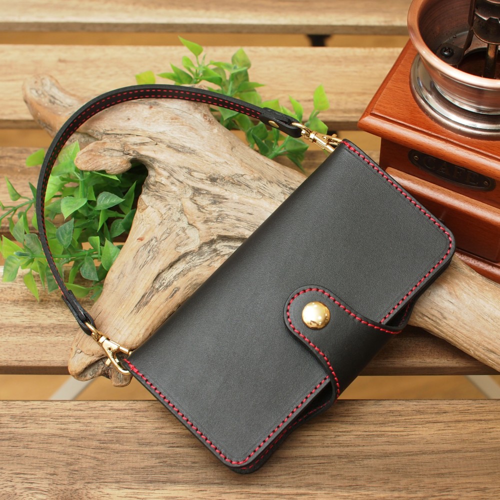 ほぼ全機種製作 ロールキャベツスマホケース＋ミニ取っ手ストラップ【姫路レザーブラック牛革】RS-02black