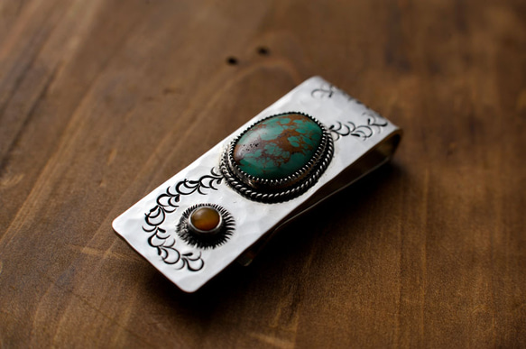 マネークリップ ターコイズ＆タイガーアイ シルバー/名入れ可能/手曲げ