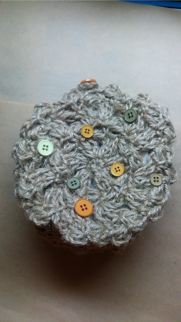 麻糸クロシェの小物バッグ(黄ボタン) 1枚目の画像
