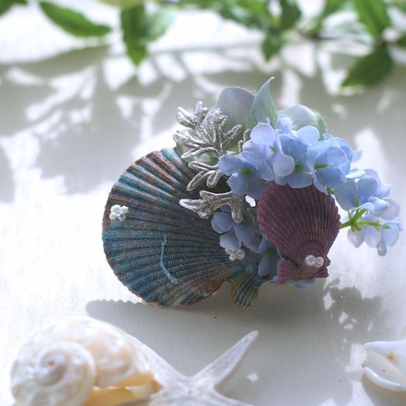 人魚姫の髪飾り　海の泡と青い貝殻　コサージュ　seaha20-01 3枚目の画像