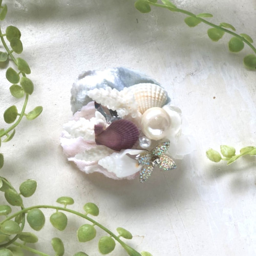珊瑚と貝殻の髪飾り(コサージュ) パープル seaha20-07 ヘアクリップ