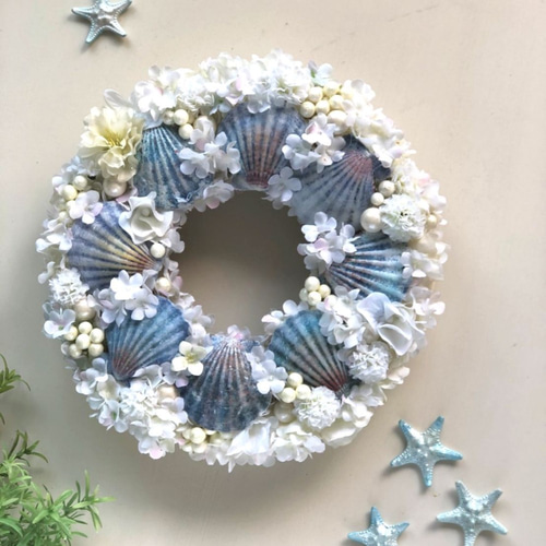 シェルリース 青い貝殻と白い波の泡 SFW20-3 アートフラワー NAORI